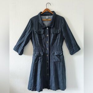 Tristan Light Linen Utility Shirt Dress | Medium | Contrast Stitching, Pockets